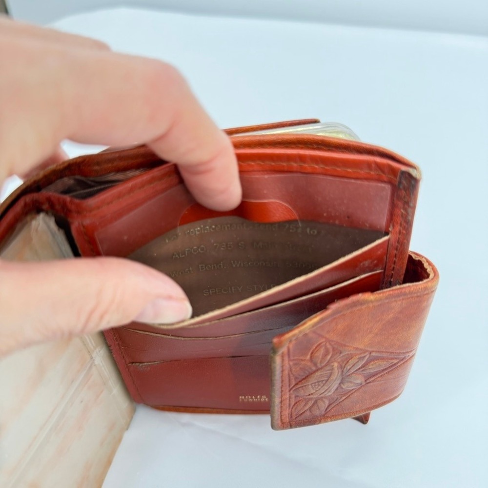 Rolfs Cowhide Wallet VTG Tooled Leather Kiss Lock Brown Retro‎ Photo Flap Womens - Picture 14 of 16